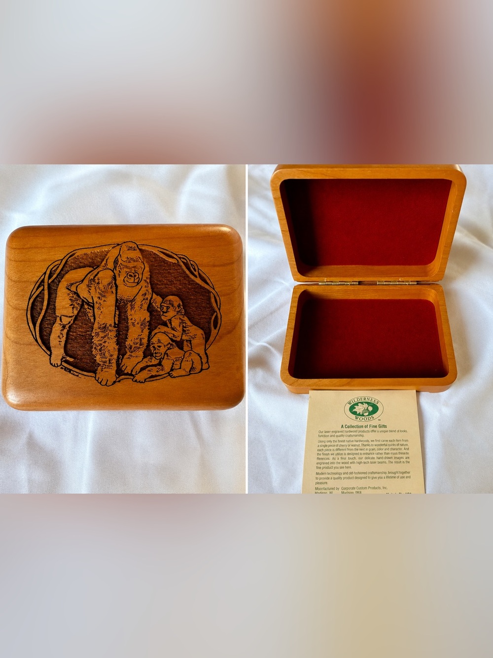 Wilderness Woods Gorilla Family Laser Engraved Wood Keepsake Box USA Vintage